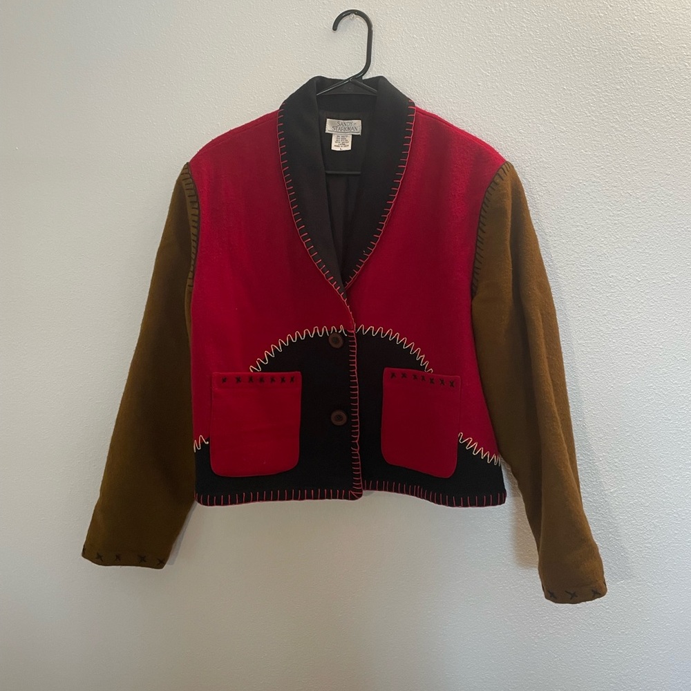 Sandy Starkman Vintage Red Wool Blend Patchwork Whipstitch Jacket Women’s Large